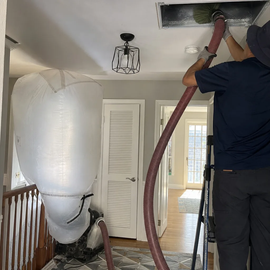 Professional air duct cleaning technician cleaning home ceiling vents