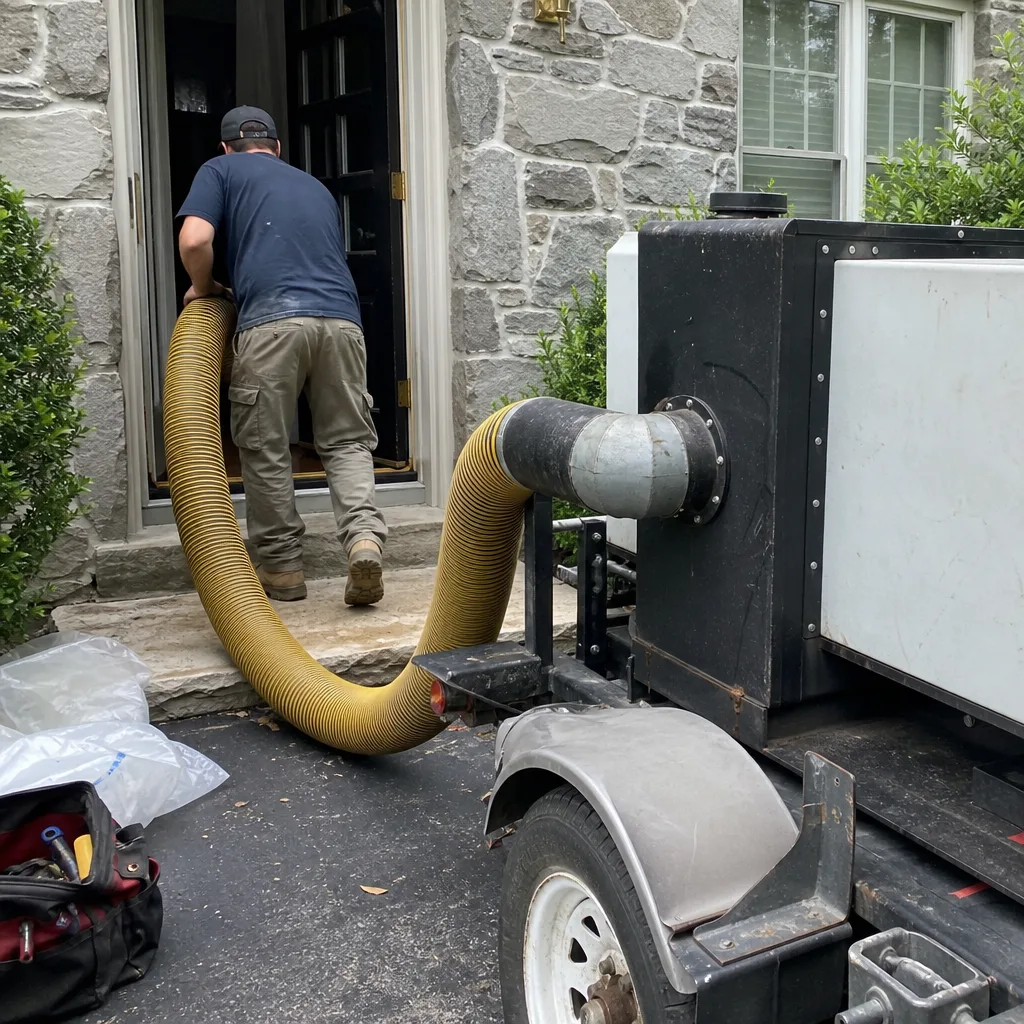 Technician using industrial vacuum hose for professional air duct cleaning services