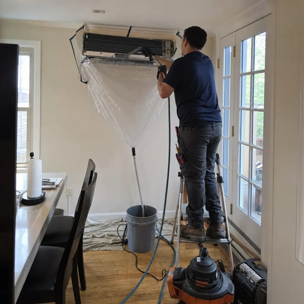 Professional technician performing deep cleaning on a residential mini-split HVAC unit