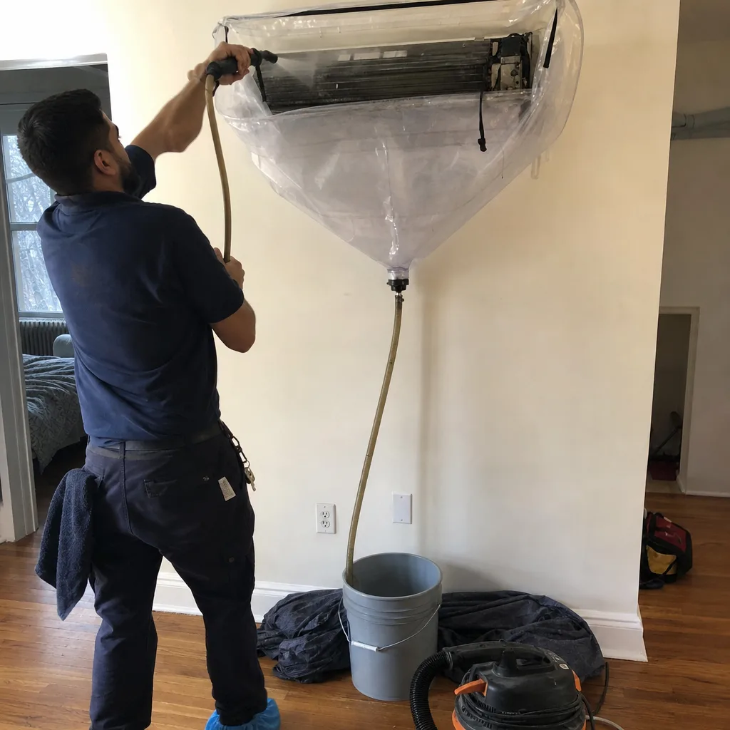 Technician cleaning wall-mounted indoor air conditioning unit with professional spray equipment.