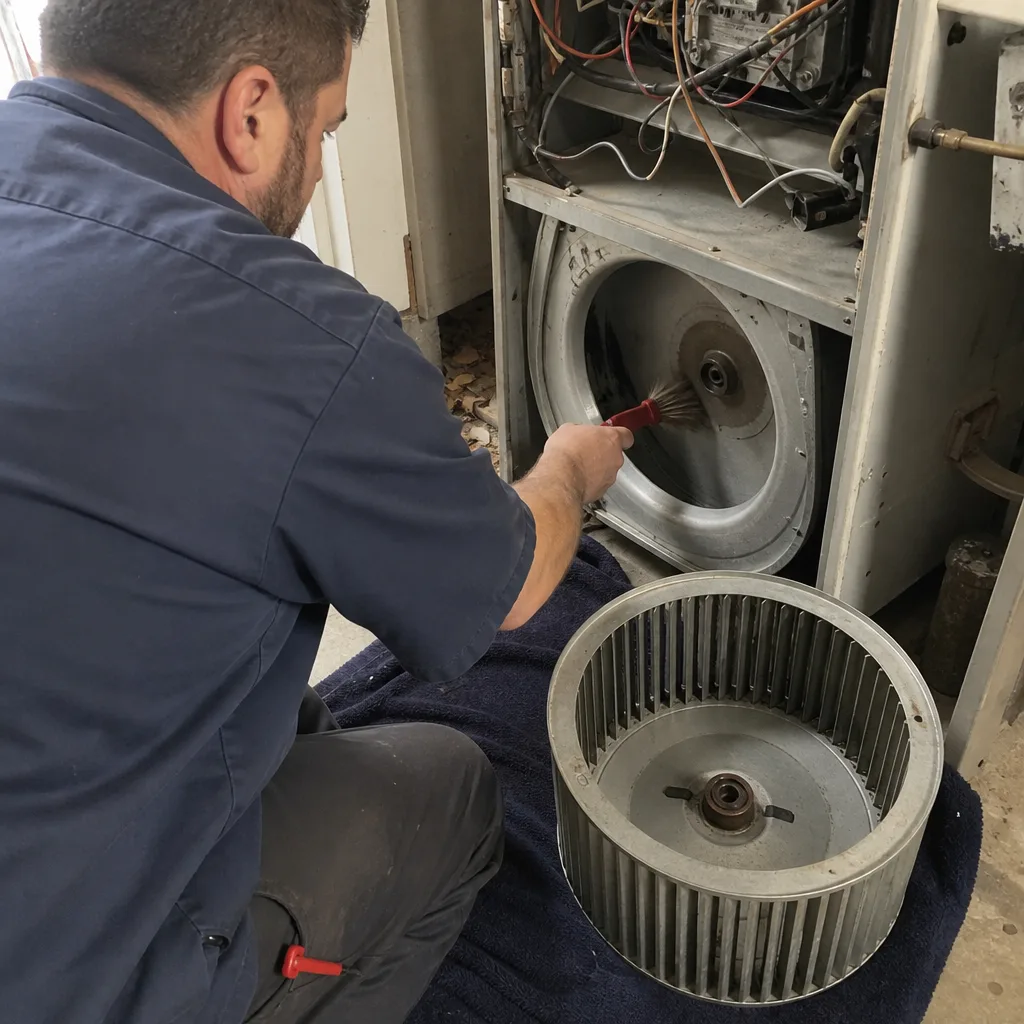 HVAC technician cleaning furnace blower assembly components for preventative maintenance.